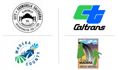 Logos for the City of Chowchilla, City of Madera, Madera County and Caltrans
